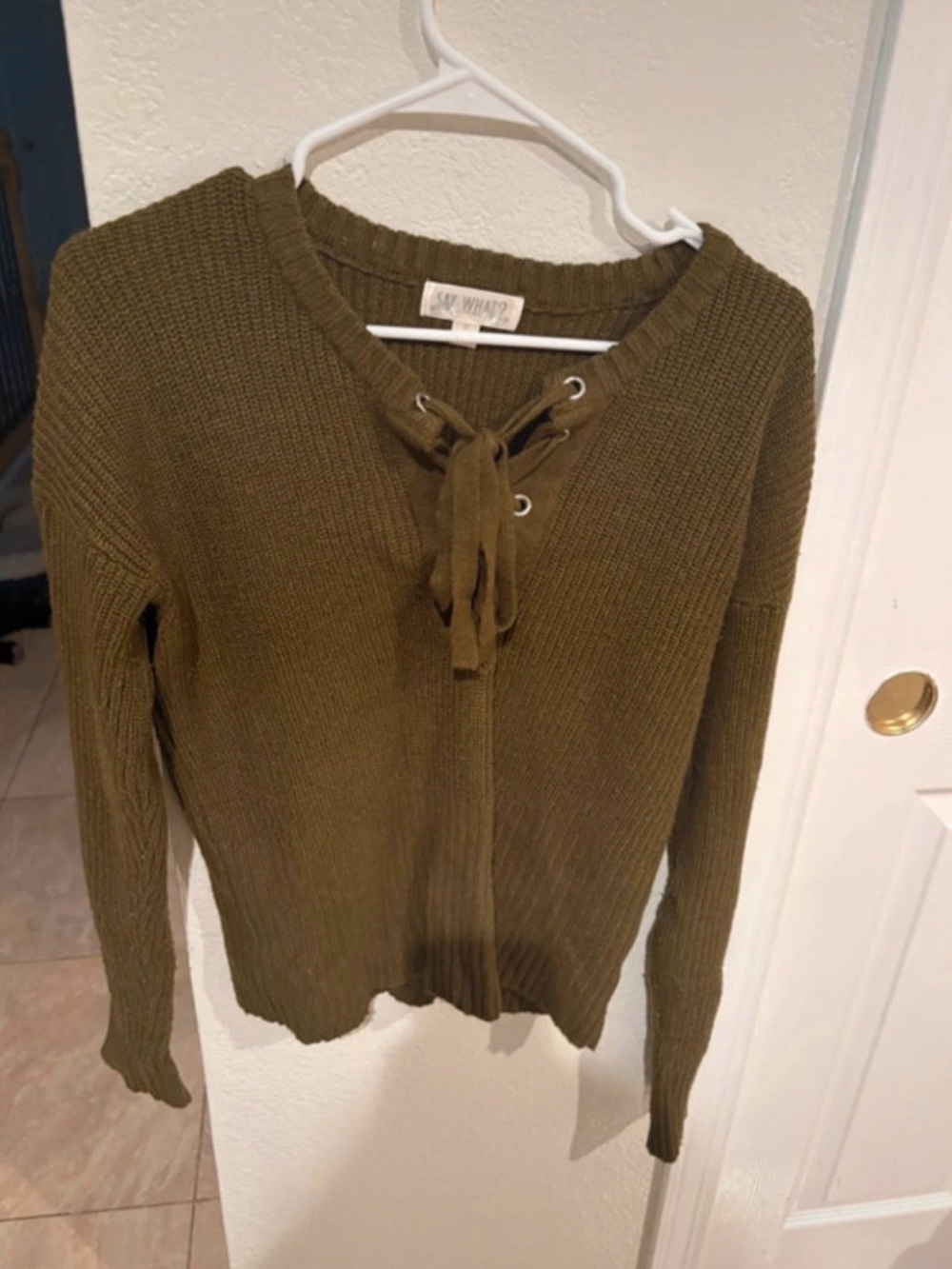 Say What? Lace-Up Olive Green Ribbed Knit Sweater